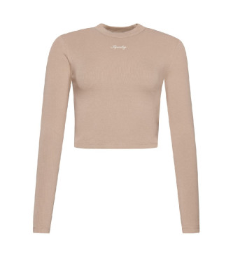 Superdry Beige long sleeve embroidered ribbed short sleeve T-shirt