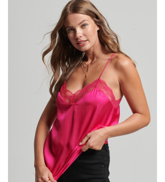 Superdry Satin tank top with pink lace edging