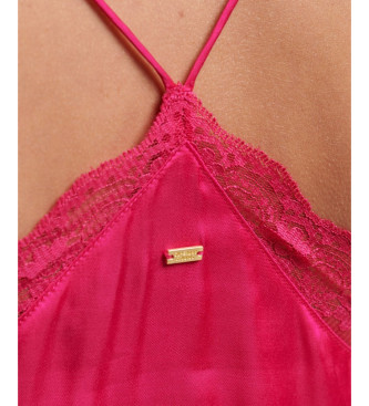 Superdry Camiseta de tirantes de satn con ribete de encaje rosa