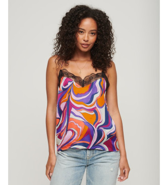 Superdry Satin tank top with multicoloured lace edging