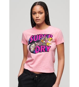 Superdry Strak aansluitend neon grafisch T-shirt Motor roze