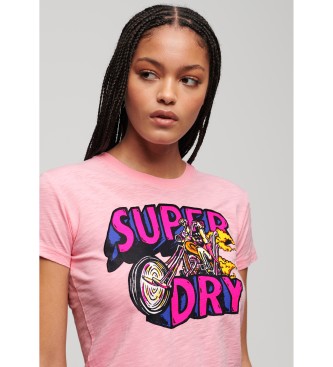 Superdry Ttsiddende T-shirt med neongrafik Motor pink