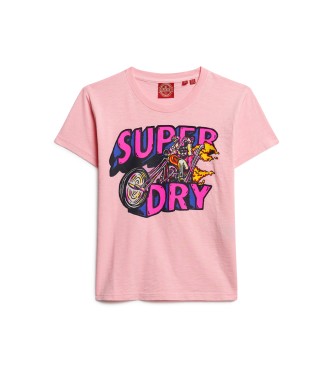 Superdry T-shirt justa com grficos non Motor rosa