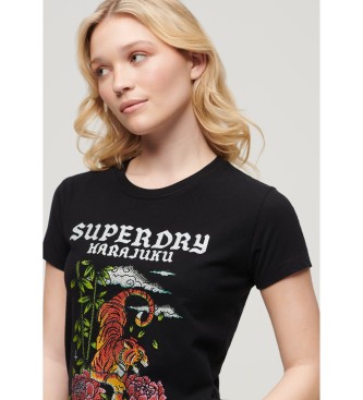 Superdry T-shirt con strass con motivo tatuaggio nero