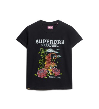 Superdry T-shirt with black tattoo motif with rhinestones