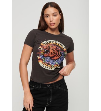 Superdry T-shirt med sort tatoveringsmotiv med rhinsten