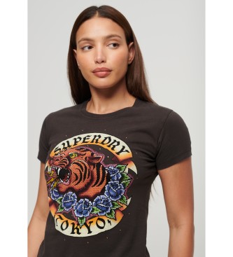 Superdry T-shirt med svart tatueringsmotiv med strass