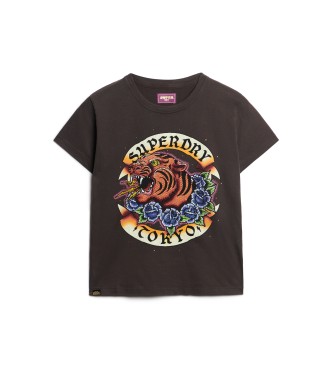 Superdry T-shirt con strass con motivo tatuaggio nero