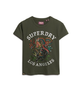Superdry T-shirt with rhinestones and green tattoo pattern