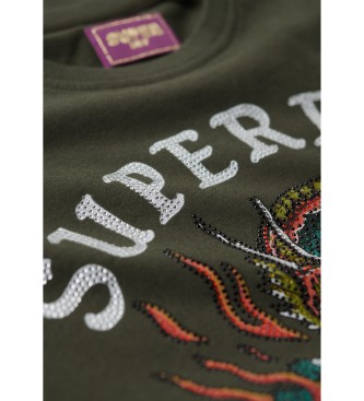 Superdry T-shirt with rhinestones and green tattoo pattern