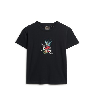 Superdry T-shirt with black tattoo motif embroidery