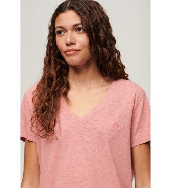 Superdry Roze T-shirt met geborduurde V-hals, gevlamd