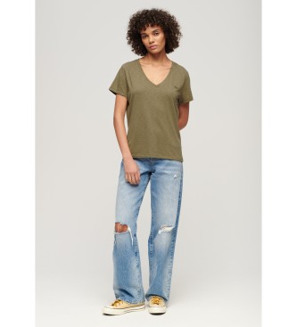 Superdry T-shirt verde fiammata con scollo a V ricamato