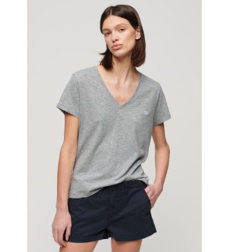 Superdry T-shirt grigia ricamata con scollo a V fiammato