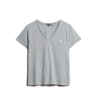 Superdry T-shirt grigia ricamata con scollo a V fiammato