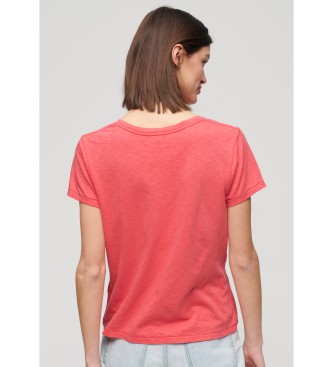 Superdry T-shirt med broderad V-ringning och flammigt tyg i Coral