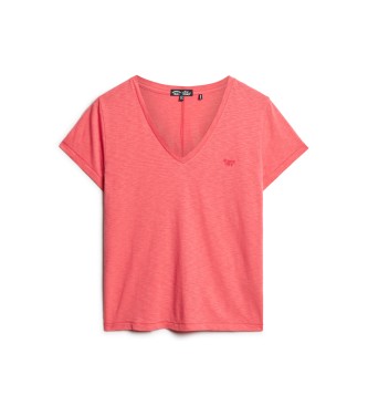 Superdry T-shirt med broderad V-ringning och flammigt tyg i Coral