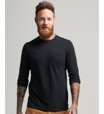 Superdry T-shirt de manga comprida em malha preta com tecido de malha flamejado