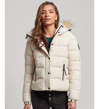 Superdry Short quilted jacket with hood and faux fur trim in grey