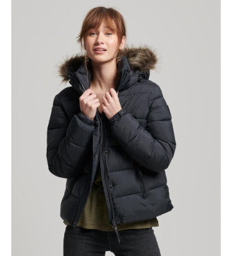 Superdry Short quilted jacket with hood and faux fur trim black