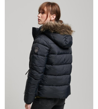 Superdry Short quilted jacket with hood and faux fur trim black