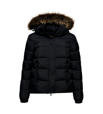 Superdry Short quilted jacket with hood and faux fur trim black