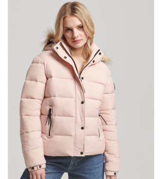 Superdry Kort quiltad jacka med huva och fuskplskant, rosa