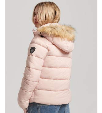 Superdry Kort quiltad jacka med huva och fuskplskant, rosa