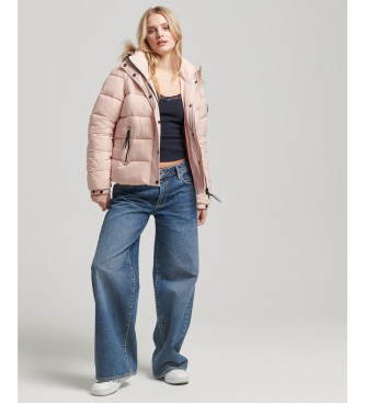 Superdry Kort quiltad jacka med huva och fuskplskant, rosa