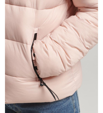 Superdry Kort quiltad jacka med huva och fuskplskant, rosa