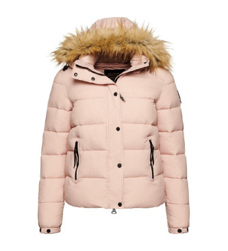 Superdry Piumino corto imbottito con cappuccio e bordo in ecopelliccia rosa