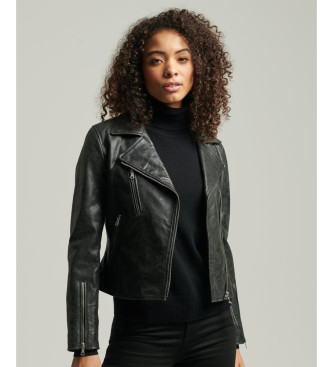 Superdry Czarna skórzana kurtka biker