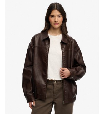 Superdry Braune Oversize-Lederjacke mit Kragen