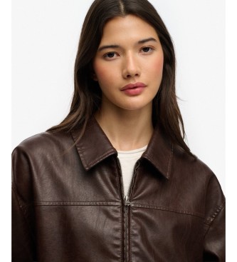 Superdry Braune Oversize-Lederjacke mit Kragen