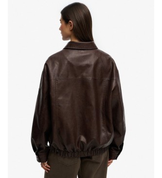 Superdry Braune Oversize-Lederjacke mit Kragen