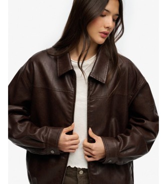 Superdry Braune Oversize-Lederjacke mit Kragen