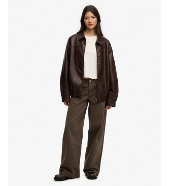 Superdry Braune Oversize-Lederjacke mit Kragen