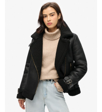 Superdry Manteau aviateur long en fausse peau de mouton   noir