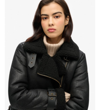 Superdry Manteau aviateur long en fausse peau de mouton   noir