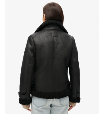 Superdry Manteau aviateur long en fausse peau de mouton   noir