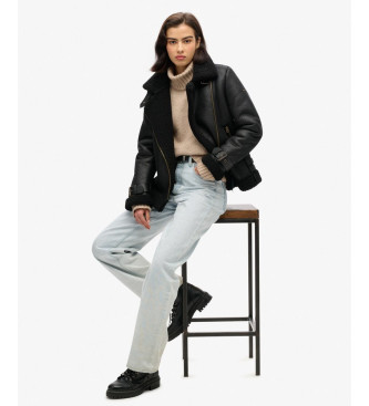 Superdry Manteau aviateur long en fausse peau de mouton   noir