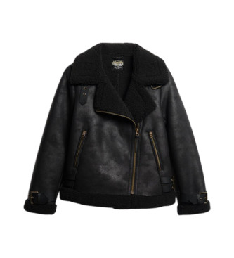 Superdry Manteau aviateur long en fausse peau de mouton   noir