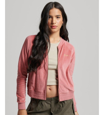 Superdry Velvet baseball jacket with zip and pink embroidery