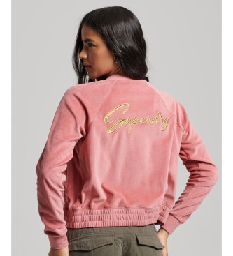 Superdry Velvet baseball jacket with zip and pink embroidery