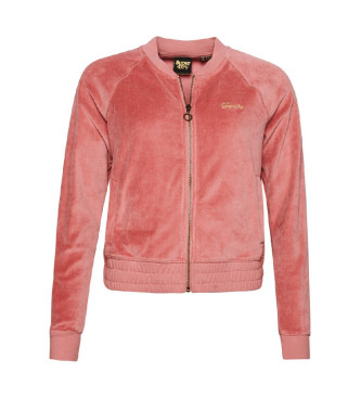 Superdry Velvet baseball jacket with zip and pink embroidery