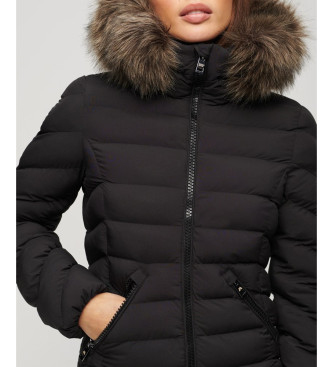 Superdry Long Hooded Jacket With Synthetic Fur Trim Fuji black