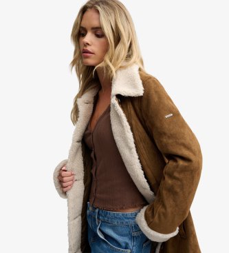 Superdry Lång fårskinnsjacka i brunt