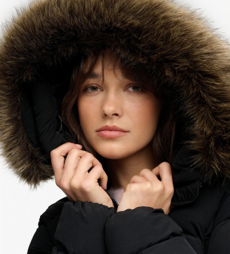 Superdry Fuji Long Jacket with Faux Fur and Hood black