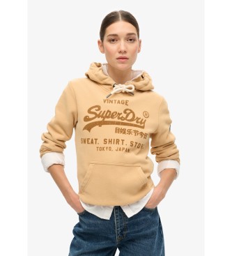 Superdry Klassisk sweatshirt med huva och grafik i beige sammet