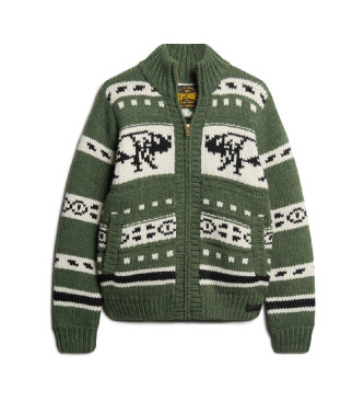 Superdry Grn bedruckte Strickjacke aus Grobstrick